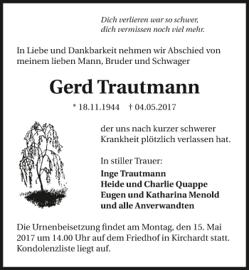 Traueranzeige von Gerd Trautmann 