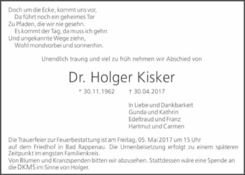 Traueranzeige von Holger Kisker 