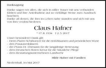 Traueranzeige von Claus Hafner 