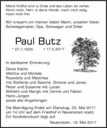 Traueranzeige von Paul Butz 