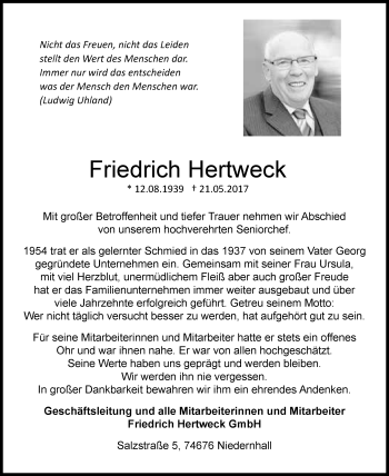 Traueranzeige von Friedrich Hertweck 