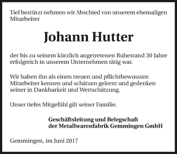 Traueranzeige von Johann Hutter 