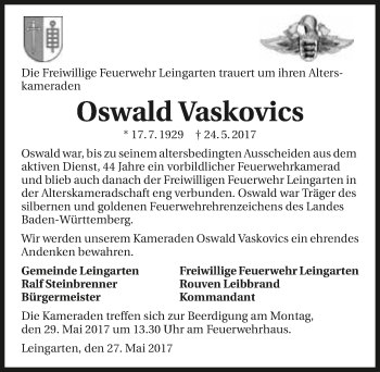 Traueranzeige von Oswald Vaskovics 