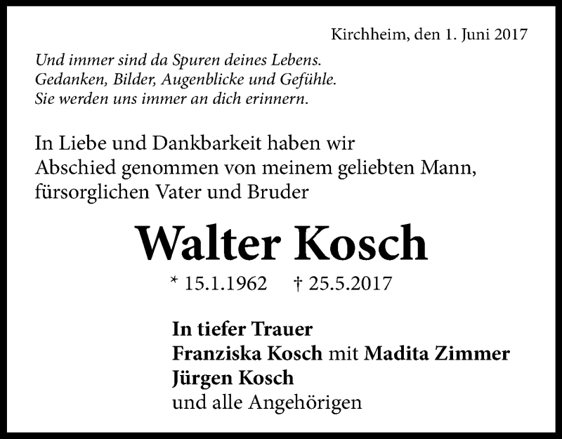  Traueranzeige für Walter Kosch vom 01.06.2017 aus 