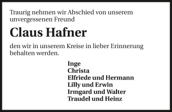 Traueranzeige von Claus Hafner 