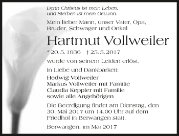 Traueranzeige von Hartmut Vollweiler 