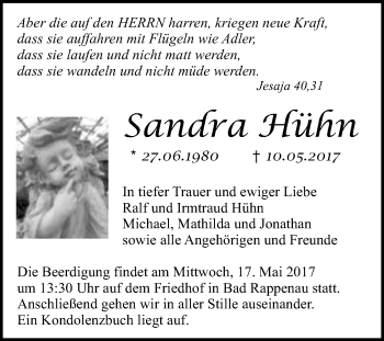 Traueranzeige von Sandra Hühn 