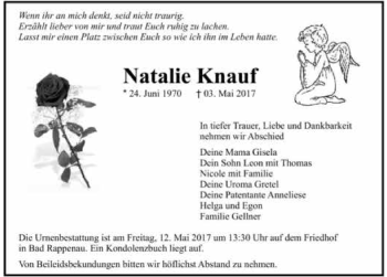 Traueranzeige von Natalie Knauf 