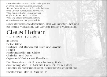 Traueranzeige von Claus Hafner 