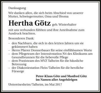 Traueranzeige von Hertha Götz 