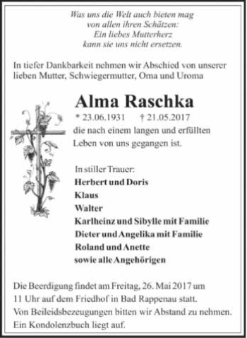 Traueranzeige von Alma Raschka 