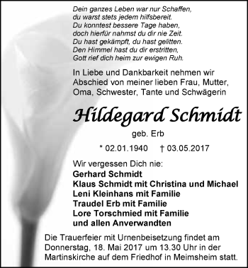 Traueranzeige von Hildegard Schmidt 