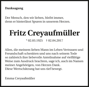 Traueranzeige von Fritz Creyaufmüller 