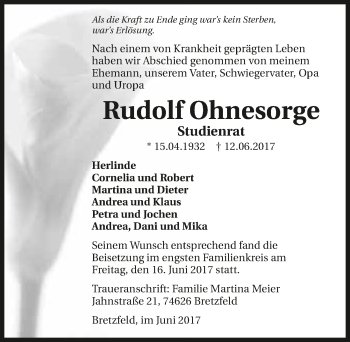 Traueranzeige von Rudolf Ohnesorge 