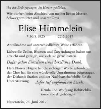 Traueranzeige von Elise Himmelein 