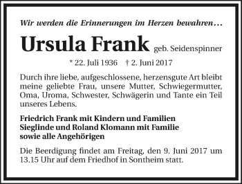 Traueranzeige von Ursula Frank 