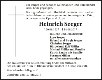Traueranzeige von Heinrich Seeger 