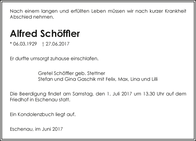 Traueranzeige für Alfred Schöffler vom 29.06.2017 aus 