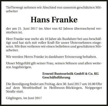 Traueranzeige von Hans Frank 