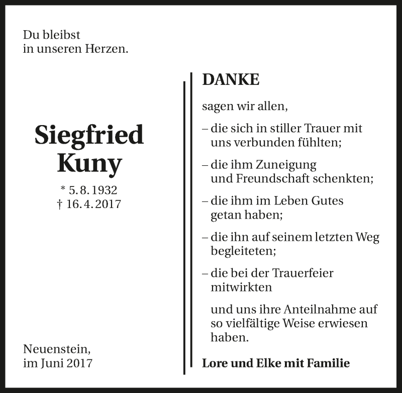  Traueranzeige für Siegfried Kuny vom 08.06.2017 aus 