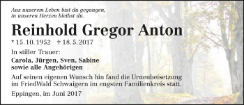 Traueranzeige von Reinhold Gregor Anton 