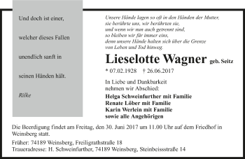 Traueranzeige von Lieselotte Wagner 