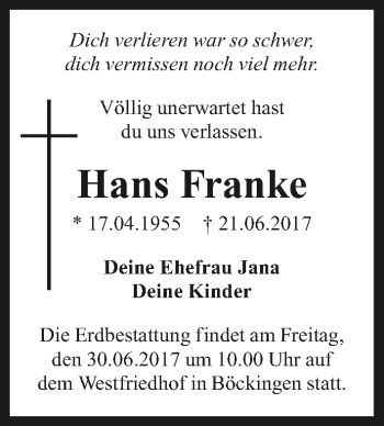 Traueranzeige von Hans Franke 