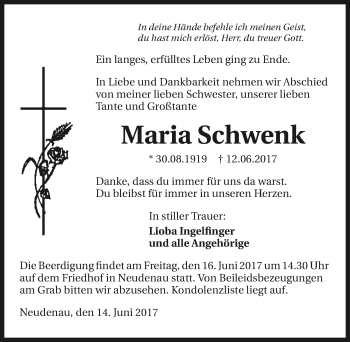 Traueranzeige von Maria Schwenk 