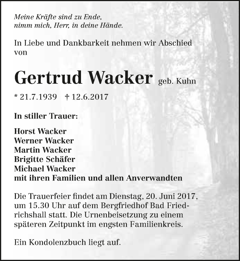  Traueranzeige für Gertrud Wacker vom 17.06.2017 aus 