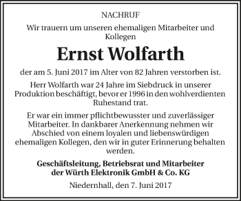 Traueranzeige von Ernst Wolfarth 