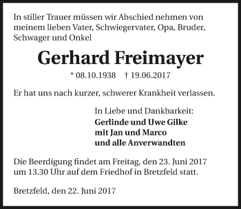 Traueranzeige von Gerhard Freimayer 