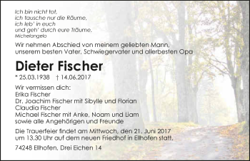 Traueranzeige von Dieter Fischer 