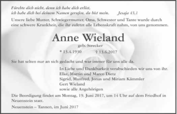 Traueranzeige von Anne Wieland 