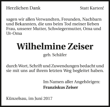 Traueranzeige von Wilhelmine Zeiser 