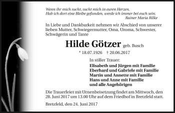 Traueranzeige von Hilde Götzer 