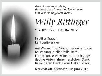 Traueranzeige von Willy Rittinger 