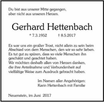 Traueranzeige von Gerhard Hettenbach 