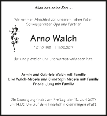 Traueranzeige von Arno Walch 