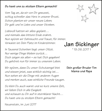 Traueranzeige von Jan Sickinger 