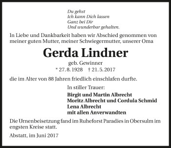 Traueranzeige von Gerda Lindner 