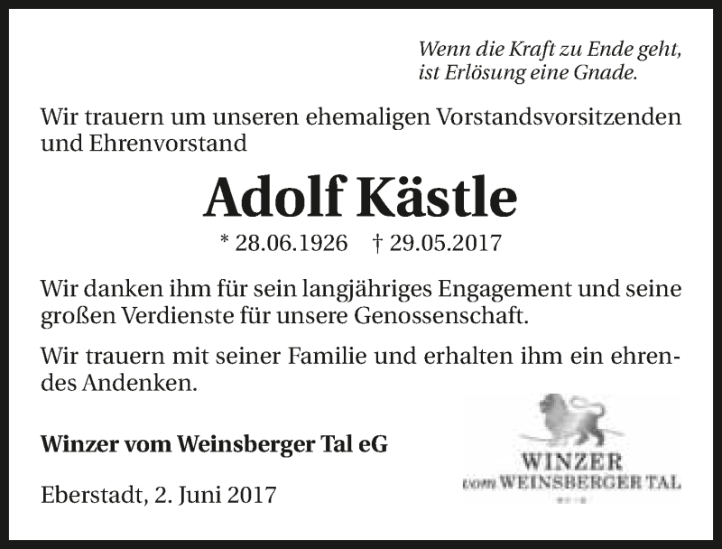  Traueranzeige für Adolf Kästle vom 02.06.2017 aus 