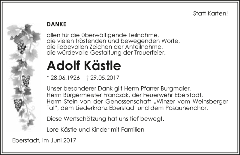  Traueranzeige für Adolf Kästle vom 21.06.2017 aus 