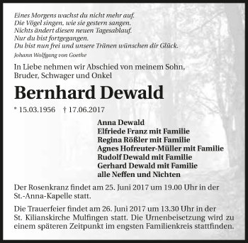 Traueranzeige von Bernhard Dewald 