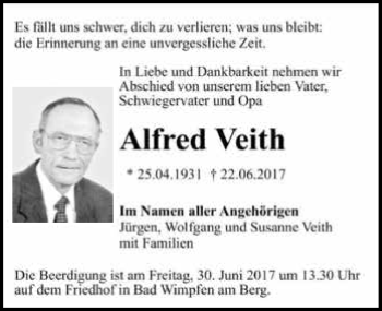 Traueranzeige von Alfred Veith 