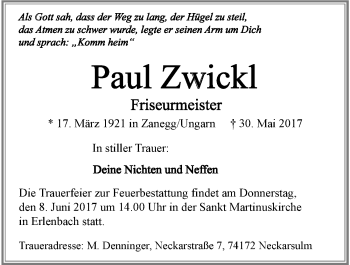 Traueranzeige von Paul Zwickl 