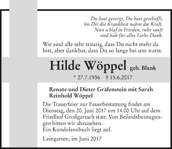 Traueranzeige von Hilde Wöppel 