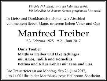 Traueranzeige von Manfred Treiber 