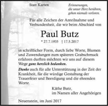 Traueranzeige von Paul Butz 