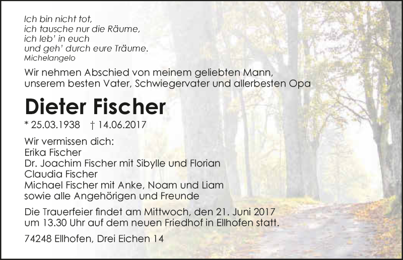  Traueranzeige für Dieter Fischer vom 17.06.2017 aus 