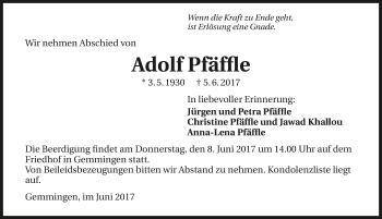 Traueranzeige von Adolf Pfäffle 